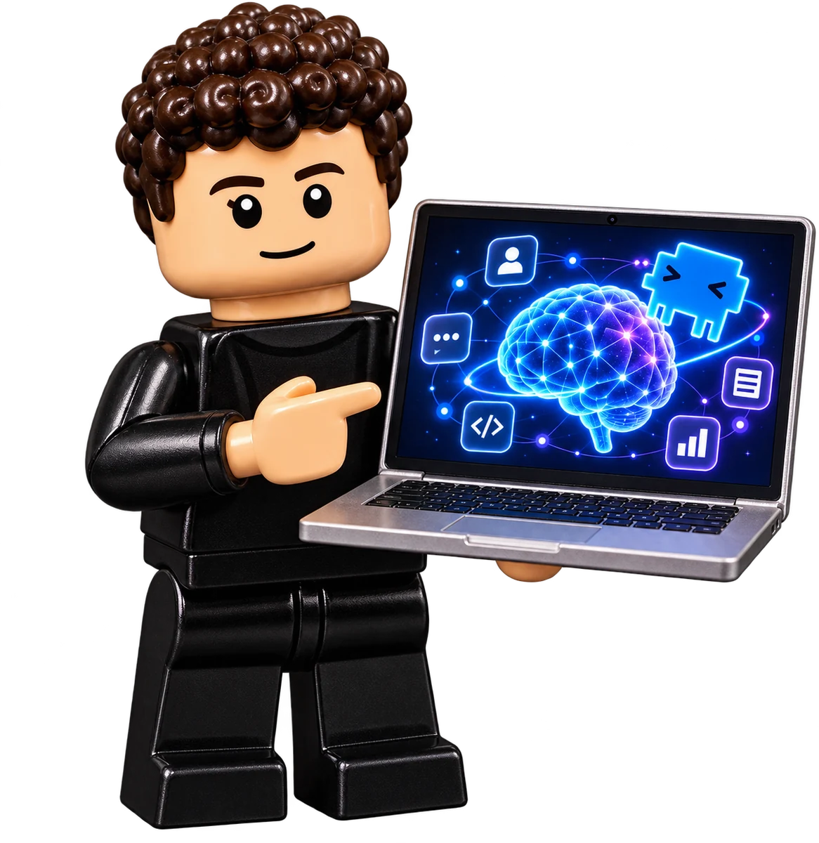 Minifigura señalando un portátil con un cerebro de IA en pantalla